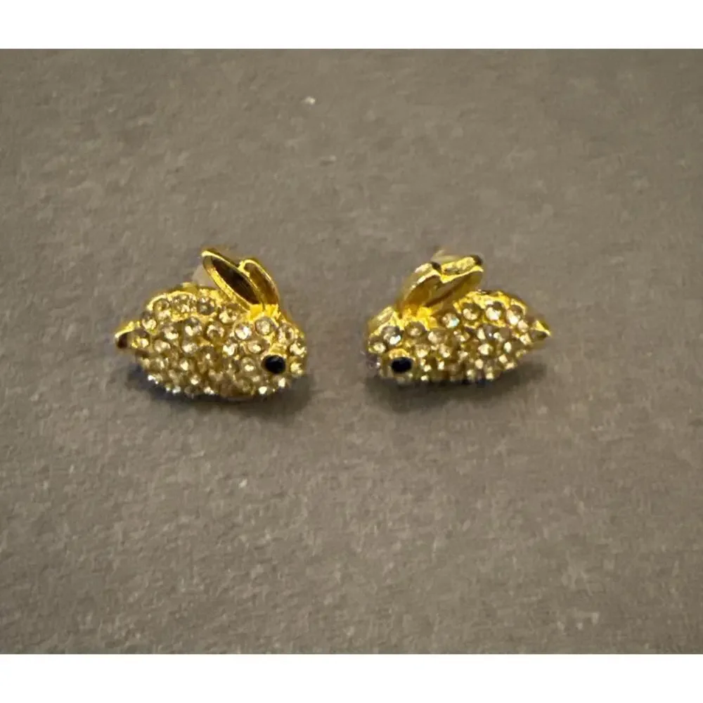 NWT Gold Elegant Rabbit Stud Earrings With Sparkly Rhinestones Easter